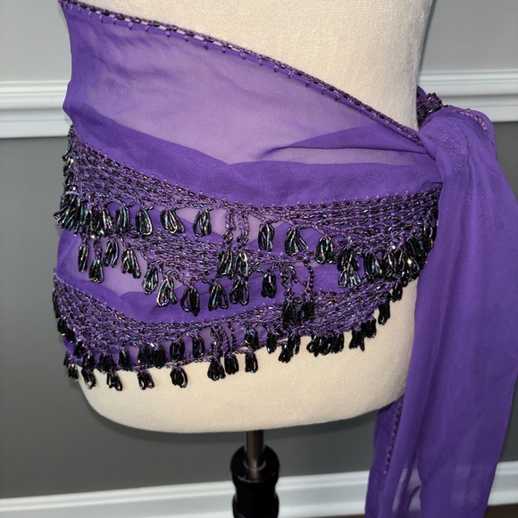 Elegant Purple Sheer Shawl with Beaded Fringe - Picture 4 of 6